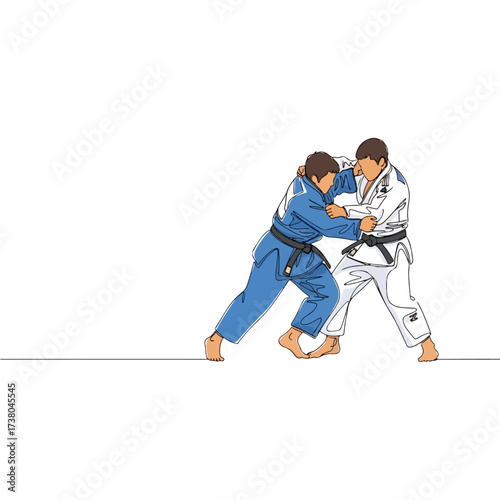 Judo athletes in action, focused on a dynamic grappling match.