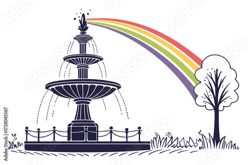 Dark blue park fountain with rainbow mist and tree