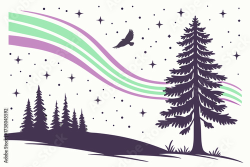 Dark purple pine trees under a starry sky with aurora