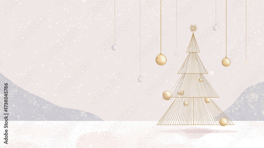 Fototapeta premium Illustration minimaliste moderne de Noël avec sapin stylisé et ornements dorés