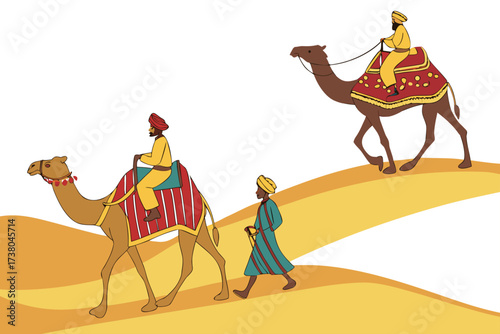 Desert caravan with colorful camels and riders sand dunes