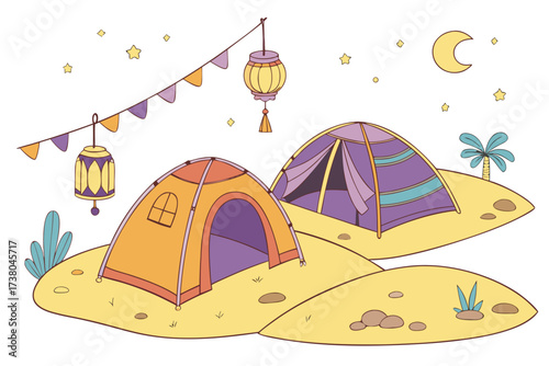 Desert camp with colorful tents and lanterns at night