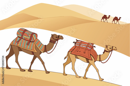 Desert caravan with colorful camels on sand dunes vector