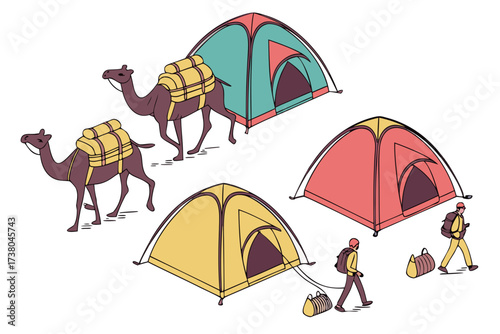 Desert caravan with colorful tents and camels camping