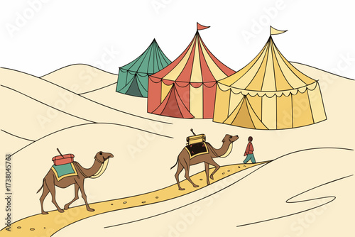Desert caravan with colorful tents and camels travel
