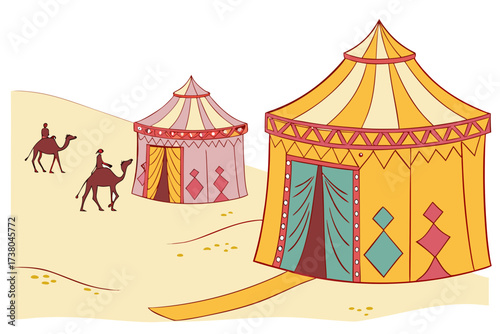 Desert caravan with colorful tents on white background