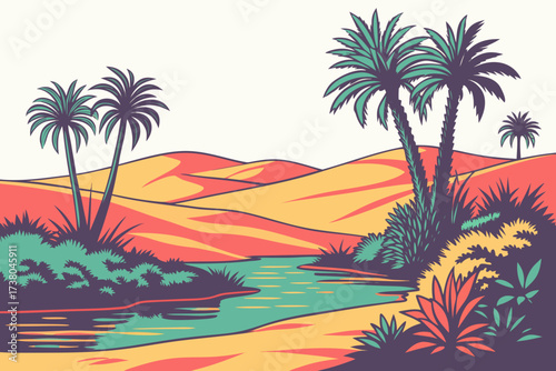Desert oasis with palm trees and colorful reflections