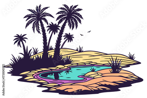 Desert oasis with palm trees and colorful reflections 1