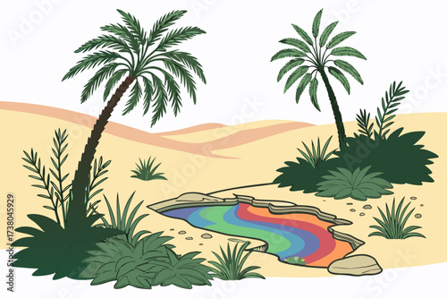 Desert oasis with palm trees and rainbow water vector