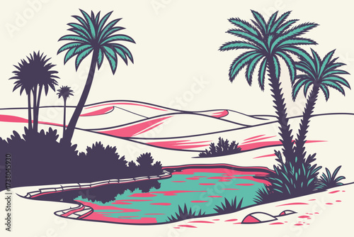 Desert oasis with palm trees and colorful water reflections