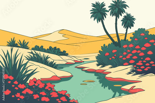Desert oasis with palm trees and red flowers vector