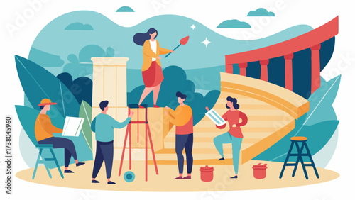 A group of artists can be seen setting up their easels and painting the amphitheater and its surroundings.