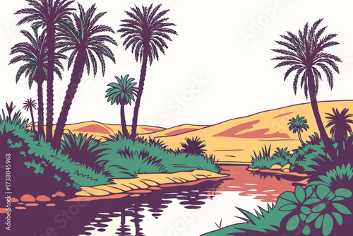 Desert oasis with palm trees and water reflections