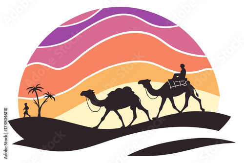 Desert sunset caravan with camels and palm trees silhouette