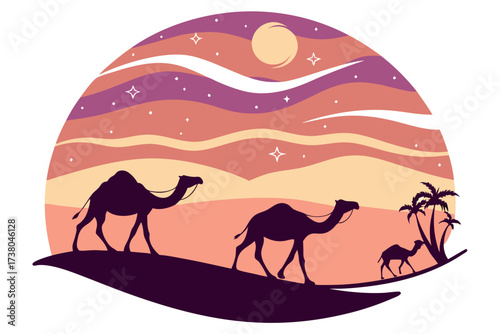 Desert sunset with camel caravan and palm trees vector 1
