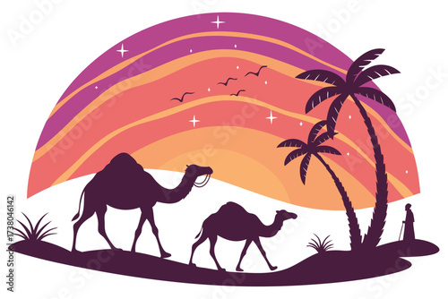Desert sunset with camel caravan and palm trees vector