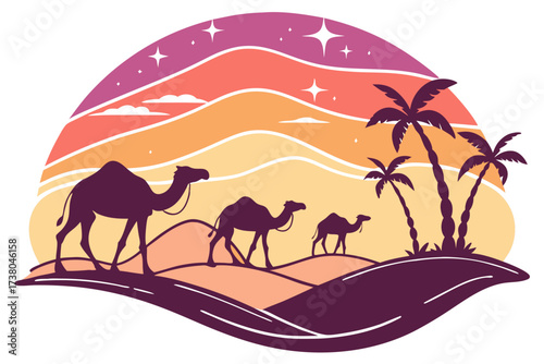 Desert sunset with camel caravan and palm trees vector 2