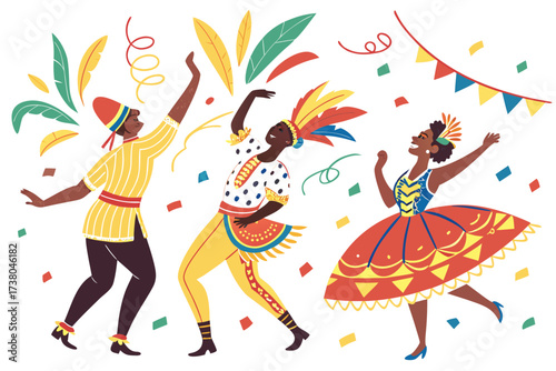 Diverse dancers in colorful costumes celebrate with confetti