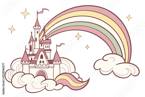 Fantasy castle on pastel rainbow clouds with stars