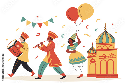 Festive parade with musicians and dancers on white background