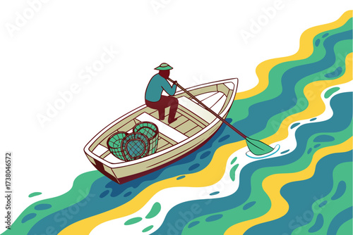 Fisherman in rowboat with lobster traps on colorful water