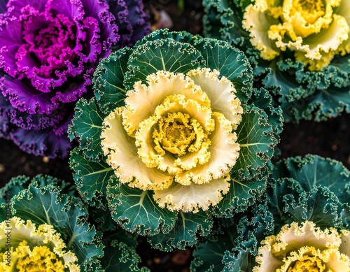 Ornamental kale blossoms in vibrant colors