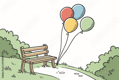 Four colorful balloons tied to a wooden park bench