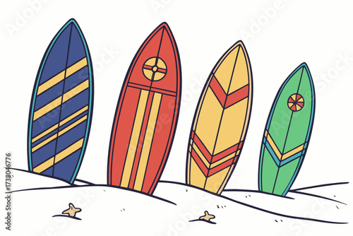 Four colorful surfboards on a sandy beach ocean summer