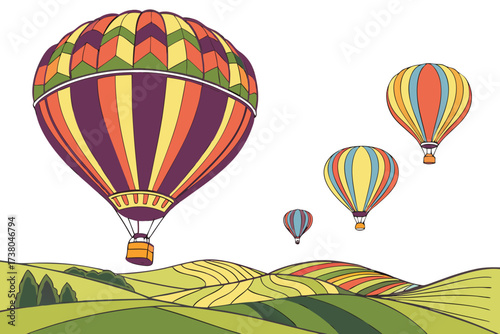Four colorful hot air balloons over rolling hills flight