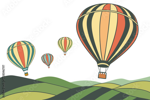 Four striped hot air balloons over rolling green hills