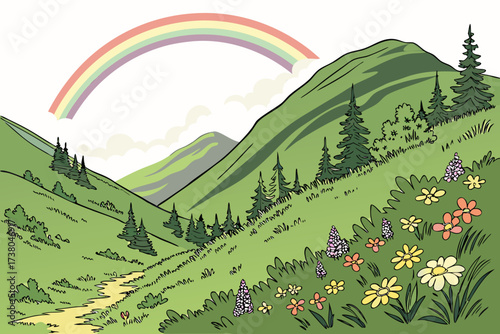 Green mountain valley with pastel rainbow and wildflowers