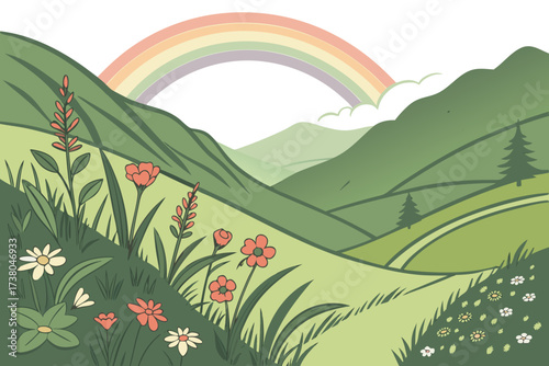 Green mountain valley with rainbow and wildflowers