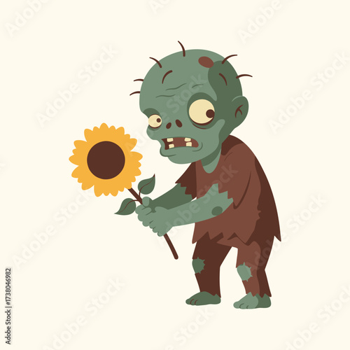 Cartoon Zombie Holding A Sunflower Character With Pale Green Skin In A Flat Design Style