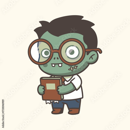 Cartoon Character With Green Skin Wearing Glasses Holding a Book Ready For Halloween