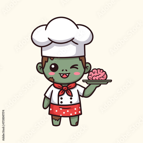 Zombie Chef Presenting A Brain Dish An Animated Adorable Illustration For Halloween And Cooking