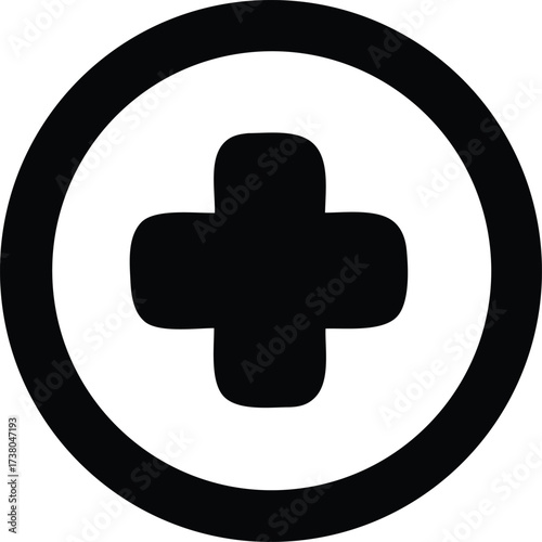 Bold black cross symbol centered within a thick circular outline representing medical health safety and assistance