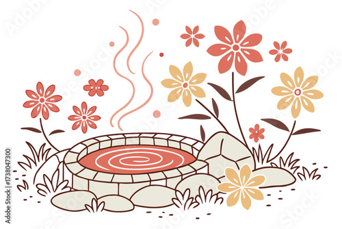 Hot spring surrounded by stylized flowers and steam
