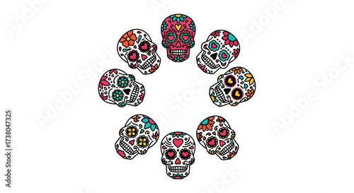 sugar skull circle for day of the dead celebration a colorful ring arrangement honoring loved ones symbol of life tradition memory and culture.
