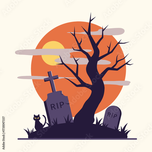 Spooky Night Silhouette Scene Featuring Tombstones Beneath a Large Moon and Bare Tree