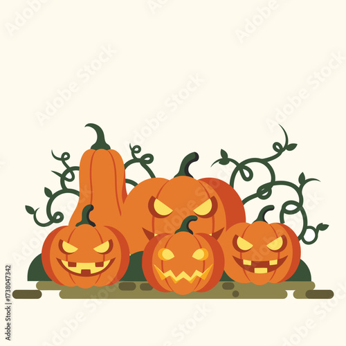 Spooky Pumpkin Patch With Vines Flat Vector Illustration Background For Halloween Theme
