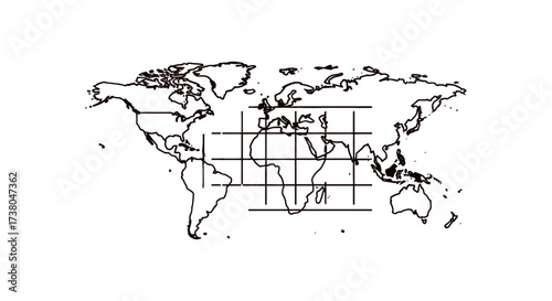 World map grid visualizing global geography continents in a simplified line art ideal for educational materials and geographical studies.