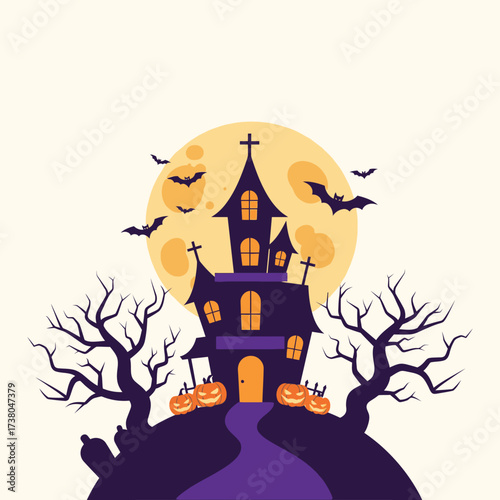 Spooky House With Bat Silhouettes Against The Backdrop Of A Harvest Moon For Halloween Day