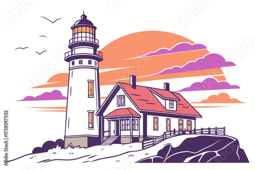 Lighthouse and house on cliff with sunset sky and birds