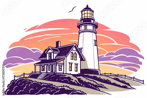 Lighthouse and house on hill with sunset sky vector