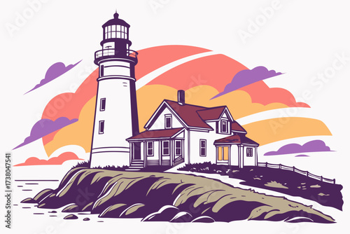 Lighthouse and house on rocky coast at sunset ocean
