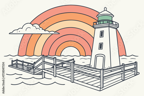 Lighthouse and pier with rainbow sunset vector dock