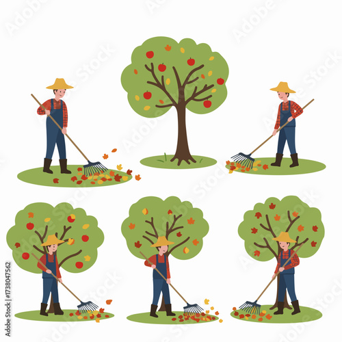 Gardener raking fallen autumn leaves under an apple tree. Seasonal outdoor activity, fall yard work, and garden maintenance illustration.