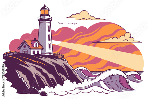 Lighthouse on cliff with colorful sunset and crashing waves