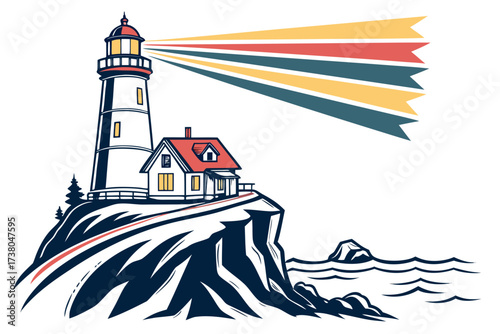 Lighthouse on cliff with colorful beams over ocean