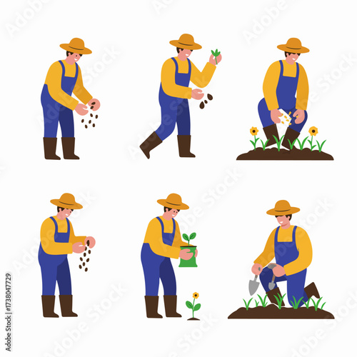 Illustrative sequence of a farmer planting, sowing seeds, cultivating, and nurturing plants for gardening and agricultural growth.